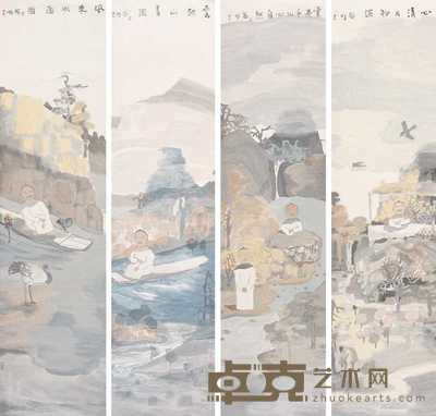 田黎明 高士图 四屏 136×34cm